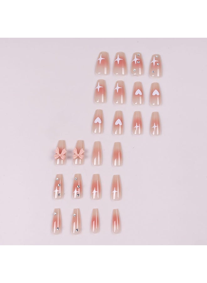KHAJUL 24-Piece Press on Nails Fake Nails Full Cover Nude Heart Star Bow Design False Nails Holiday Acrylic Artificial on Nails Stick on Nails Glossy Glue on Nails for Women - Image 3