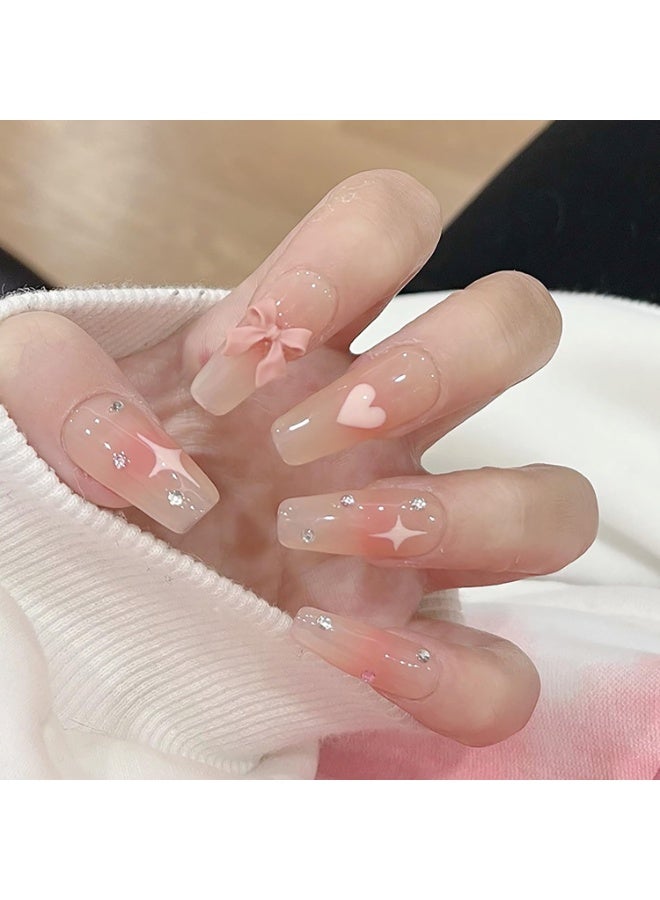 KHAJUL 24-Piece Press on Nails Fake Nails Full Cover Nude Heart Star Bow Design False Nails Holiday Acrylic Artificial on Nails Stick on Nails Glossy Glue on Nails for Women - Image 5