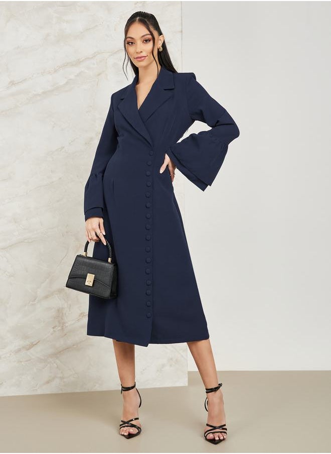 Styli Notch Lapel Blazer Midi Dress with Bell Sleeve  - Image 1