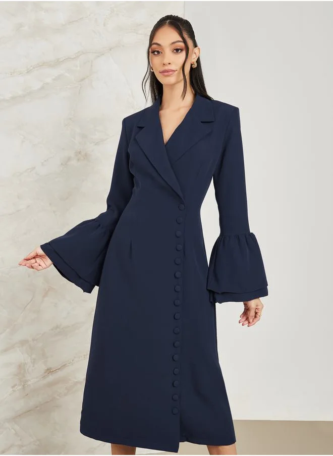 ستايلي Notch Lapel Blazer Midi Dress with Bell Sleeve