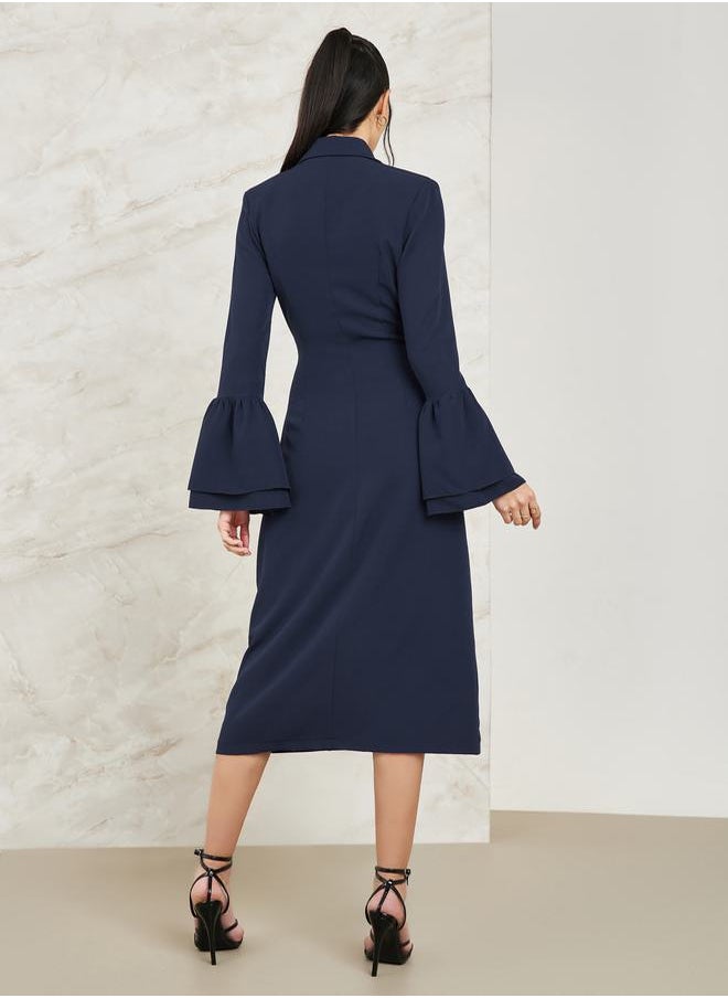 Styli Notch Lapel Blazer Midi Dress with Bell Sleeve  - Image 4