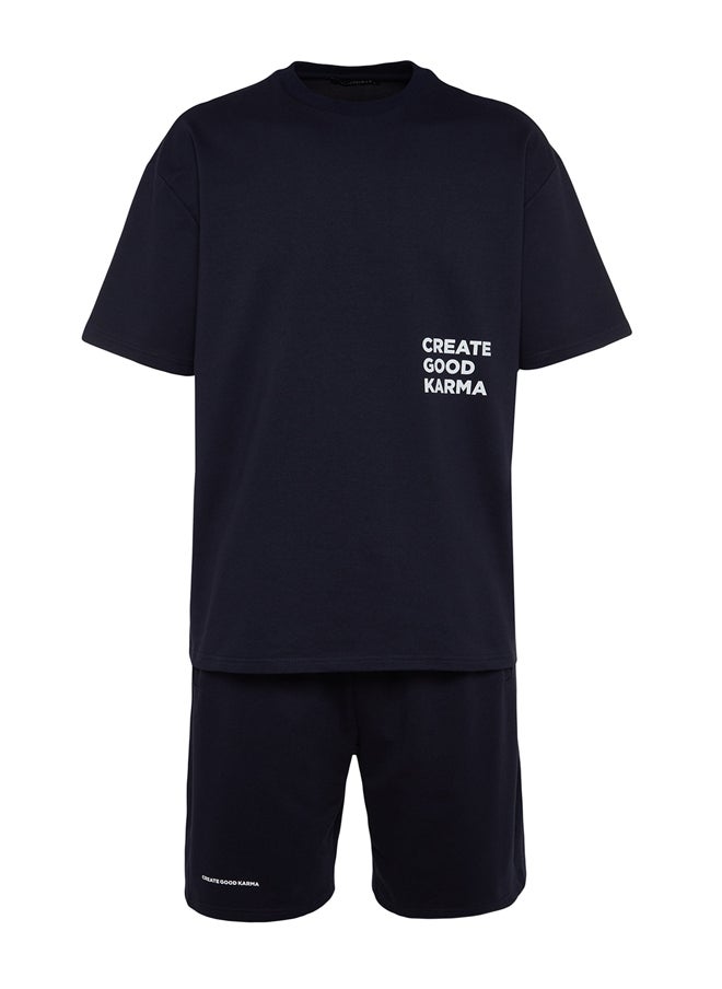 trendyol - Navy Blue Tracksuit Relaxed/Comfortable Cut Text Printed Cotton TMNSS23EM00001 - Image 1