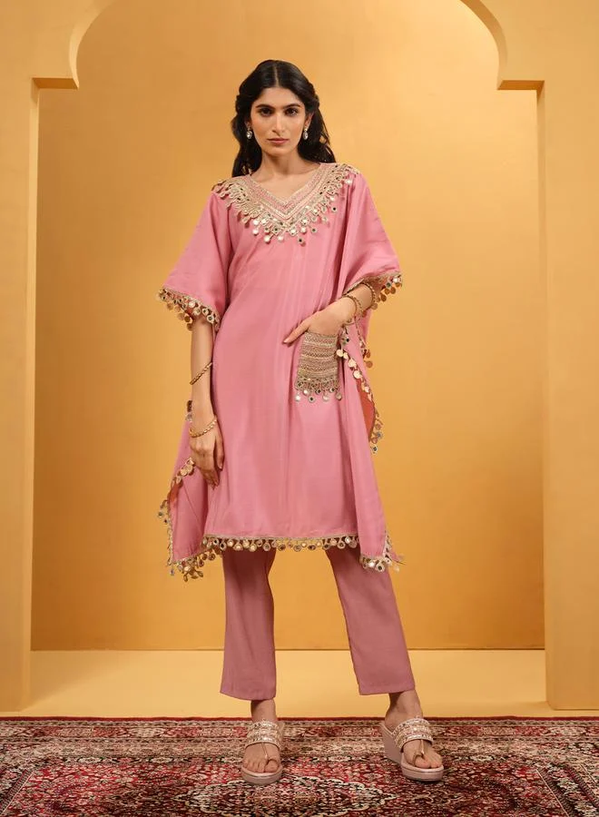 ISHIN Women's Light Pink Roman Silk Embellished A-Line Kaftan Upperwear Knee Length Palazzo Bottomwear Flowy 2 Peice Kurta Set