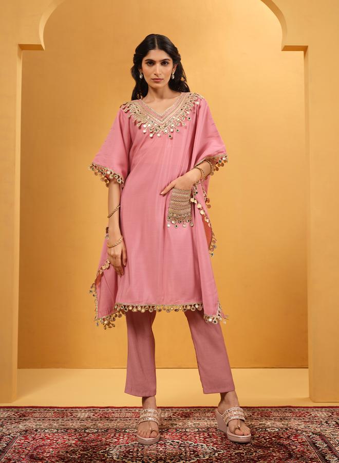 ISHIN Women's Light Pink Roman Silk Embellished A-Line Kaftan Upperwear Knee Length Palazzo Bottomwear Flowy 2 Peice Kurta Set - Image 1