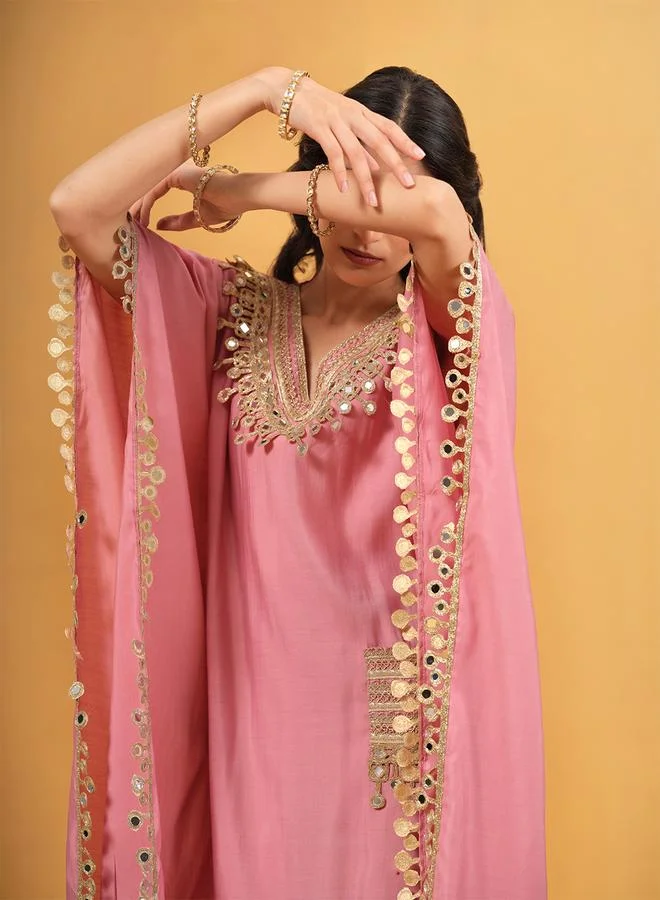 ISHIN Women's Light Pink Roman Silk Embellished A-Line Kaftan Upperwear Knee Length Palazzo Bottomwear Flowy 2 Peice Kurta Set