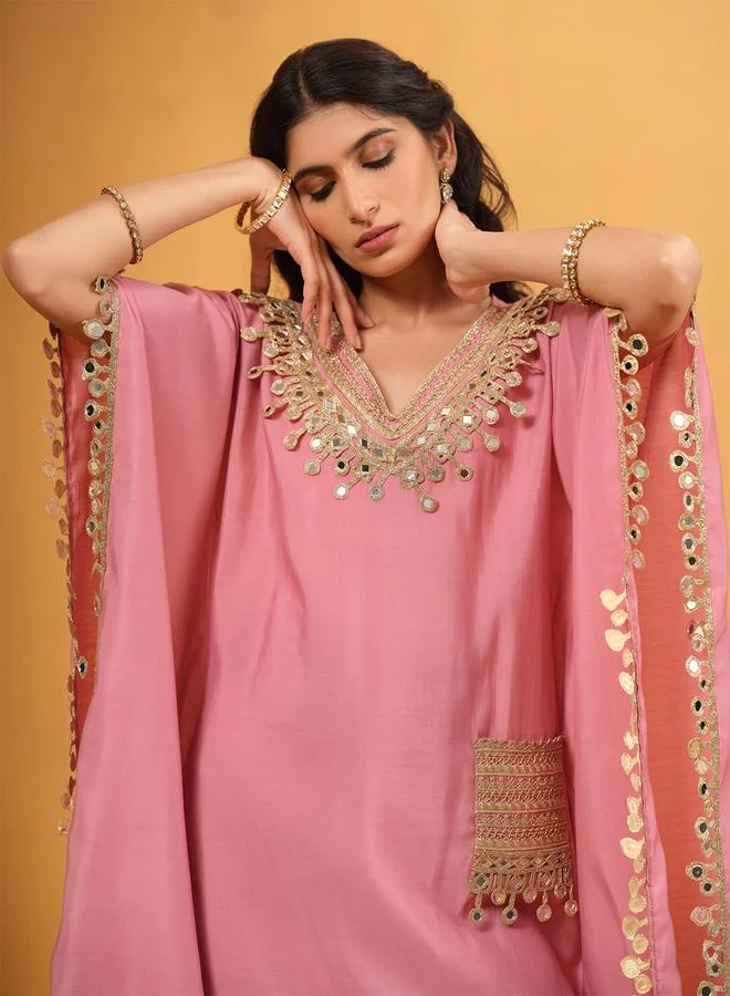 ISHIN Women's Light Pink Roman Silk Embellished A-Line Kaftan Upperwear Knee Length Palazzo Bottomwear Flowy 2 Peice Kurta Set
