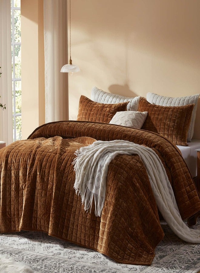 LEAONME Velvet Quilt Full/Queen Size-90''x98'', Lightweight Caramel Velvet Comforter Set with 2 Pillow Shams, Soft Bedspread Coverlet Quilted Bedding Set for All Season - Image 2