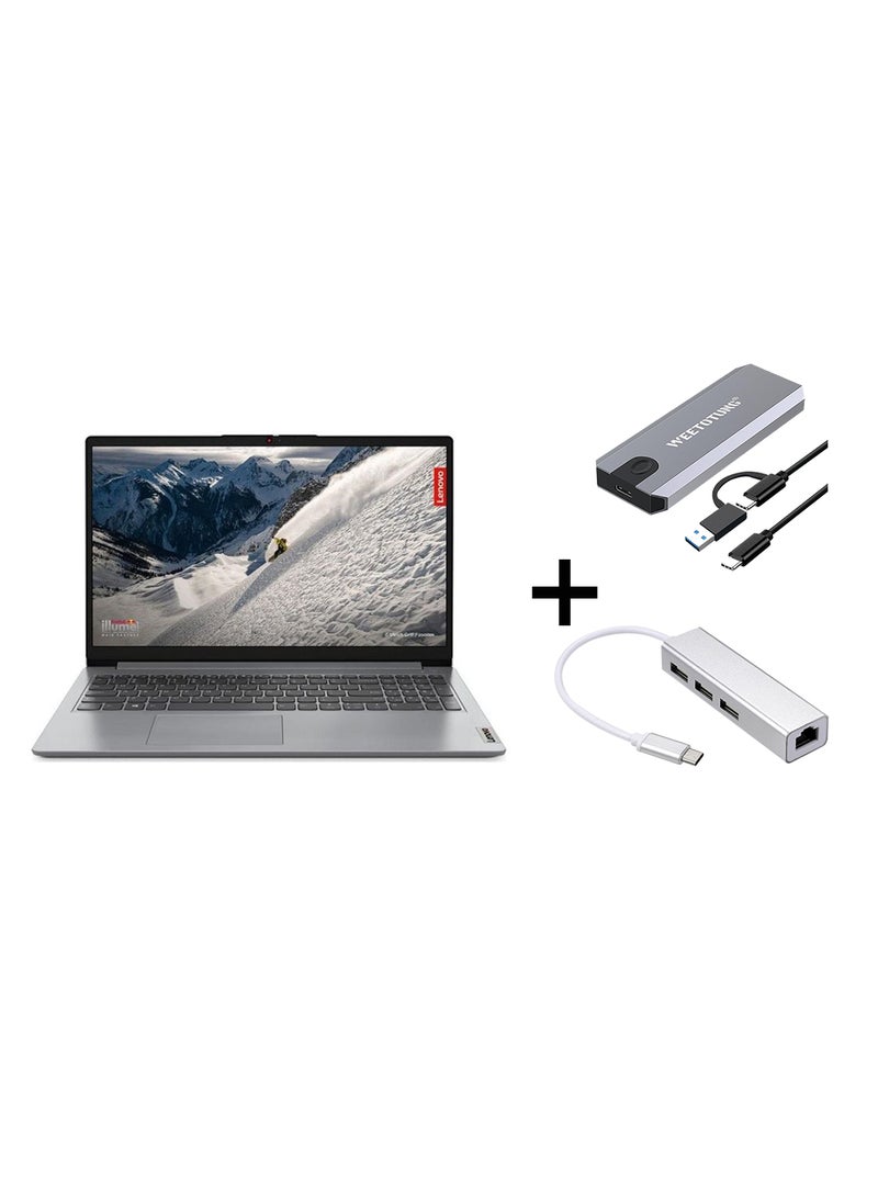 Lenovo Ideapad 1 15IGL7 (Upgraded Version) Laptop With 15.6-Inch Display, Celeron N4020 Processor/4GB DDR4 RAM/256GB SSD/Intel HD Graphics/Windows 11 Home With 128GB external drive +Type-C to USB Hub English grey - Image 1