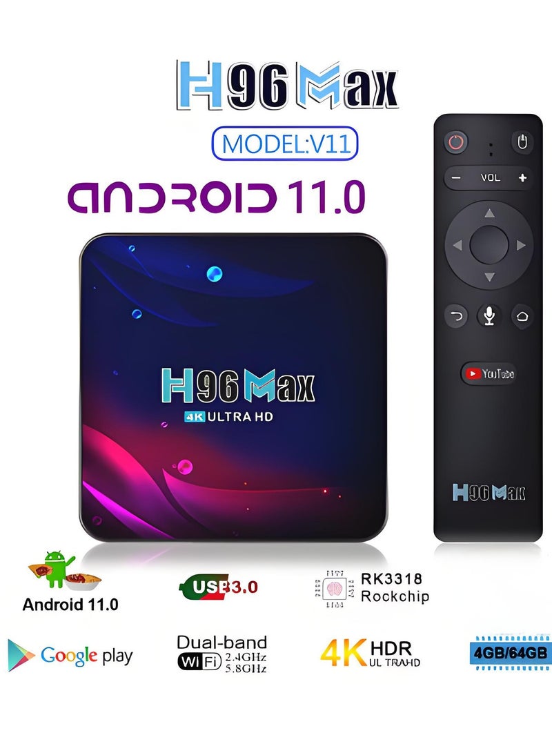 اتش 96 ماكس 4K Ultra HD Smart Set-top Box نظام أندرويد 11.0 4GB + 64GB تخزين كبير مزدوج WIFI6 + تكوين بلوتوث - Image 1