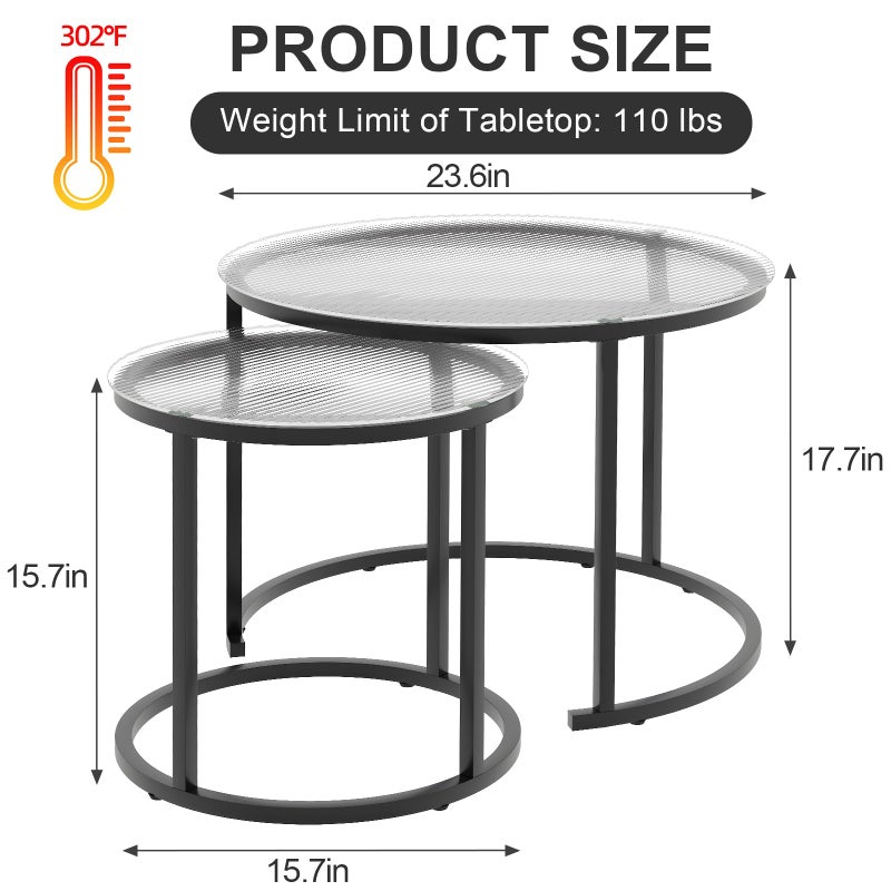 aboxoo Gold Nesting Coffee Table Set of 2, Small Glass Round Nesting Tables for Living Room Bedroom, Accent Tea Table with Black Metal Frame Modern Industrial Simple - Image 2
