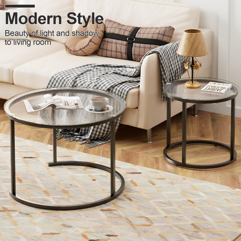aboxoo Gold Nesting Coffee Table Set of 2, Small Glass Round Nesting Tables for Living Room Bedroom, Accent Tea Table with Black Metal Frame Modern Industrial Simple - Image 4