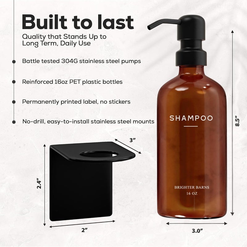 Brighter Barns Amber Shampoo and Conditioner Dispenser Set Wall Mounted by - Plastic Shower Dispenser Set - 3 Chamber Drill Free Shampoo Bottles - Modern Bathroom Decor for Guest Bathroom, Spa (Amber) - Image 3