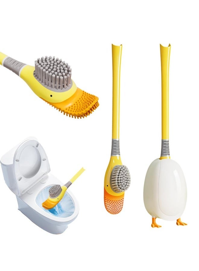 هاسذيب فرشاة مرحاض HASTHIP® 2 في 1 مع كوب شفط، حامل قطرة على شكل بطة كرتونية، شعيرات مزدوجة الجوانب، موزع صابون مدمج، رأس مرن للزوايا الميتة، تنظيف بدون فوضى، أصفر - Image 1