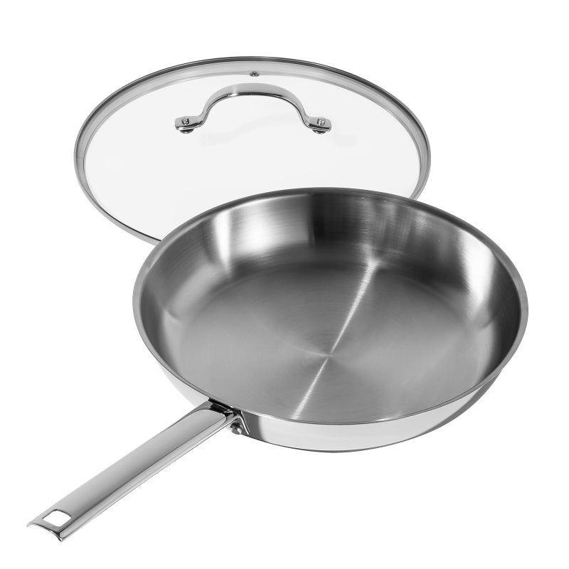 DELUXE Stainless Steel Frying Pan with Lid 11Inches Oil Gather Pro Skillet with 3Ply Heavy Bottom PFOA Free Frying Pot with StayCool Handle Compatible with All Stoves Dishwasher Oven safe