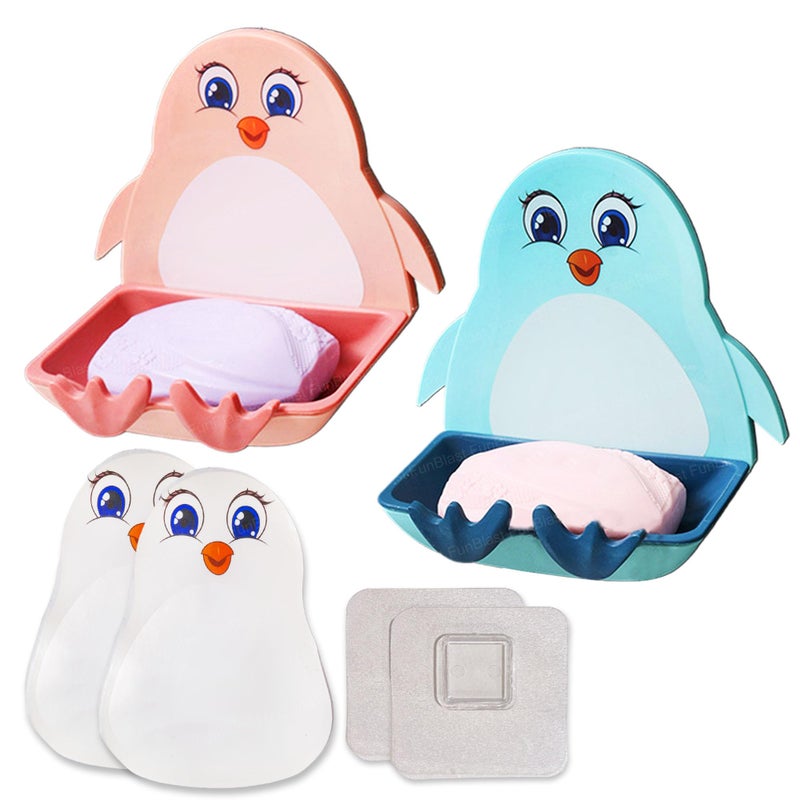 FunBlast Soap Case for Bathroom - Penguin Soap Box Holder, Set of 2 Soap Stand Holder for Bathroom, Kitchen Sink Magic Stickers Wall Mounted Soap Dish Holder (BluePink) - Image 1
