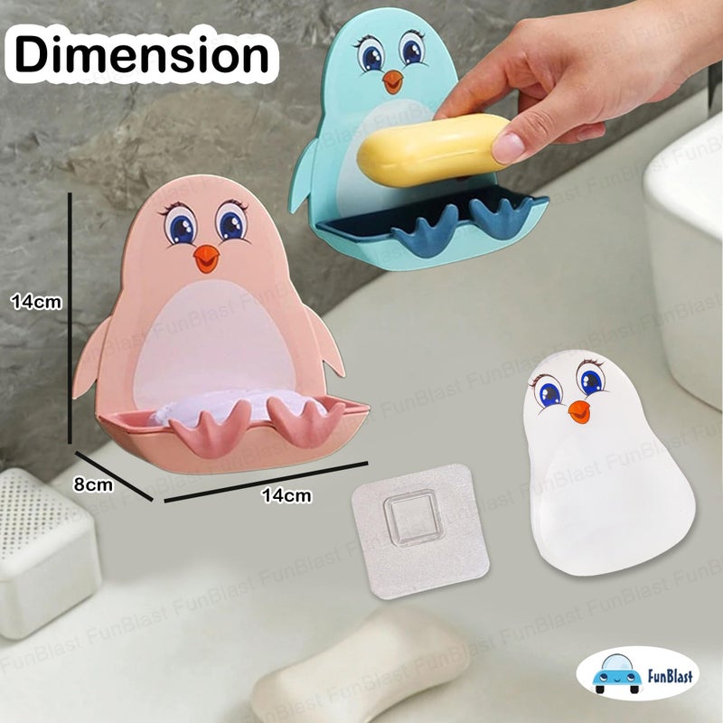 FunBlast Soap Case for Bathroom - Penguin Soap Box Holder, Set of 2 Soap Stand Holder for Bathroom, Kitchen Sink Magic Stickers Wall Mounted Soap Dish Holder (BluePink) - Image 2