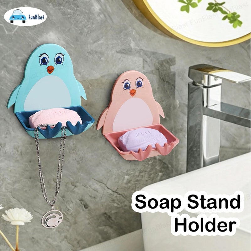 FunBlast Soap Case for Bathroom - Penguin Soap Box Holder, Set of 2 Soap Stand Holder for Bathroom, Kitchen Sink Magic Stickers Wall Mounted Soap Dish Holder (BluePink) - Image 4