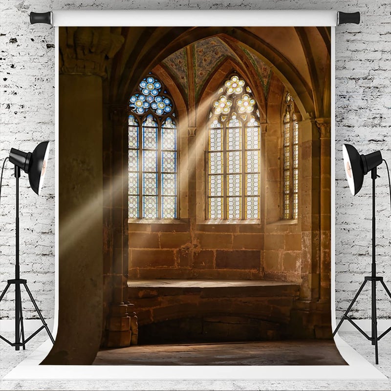 خلفية تصوير جدار قلعة عتيقة بطول 57 قدم مع نوافذ مقوسة من الحجر لستوديو الصور لزفاف الحفلات وصور الفيديو