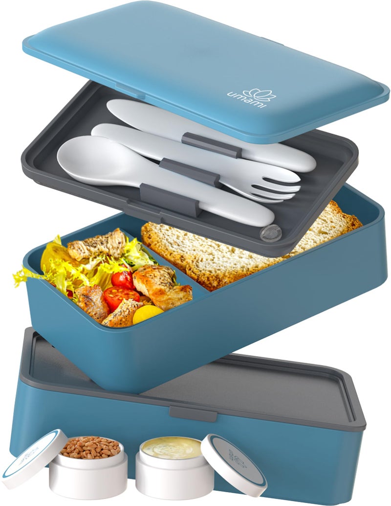 Umami Bento Box Adult AllIn1 w4 Utensils 2 Sauce Jars 2 Dividers 100 Leakproof Microwave  Dishwasher Safe Stackable Bento Lunch Box Containers for MenWomen Denim Blue 40 oz