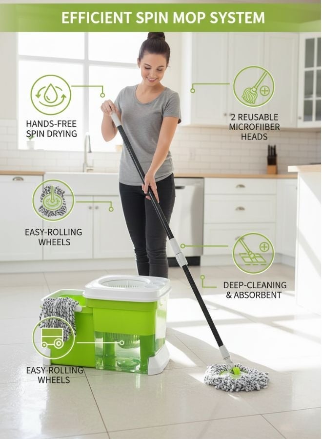 ZEESQUARE Spin Mop & Bucket Set 2-in-1 – Durable Stainless Steel Wringer, 2 Extra Mop Heads, Effortless Home and Office Floor Cleaning (Green)Spin Mop & Bucket Set 2-in-1 – Durable Stainless Steel Wringer, 2 Extra Mop Heads, Effortless Home and Office Floor Cleaning (Green) - Image 3