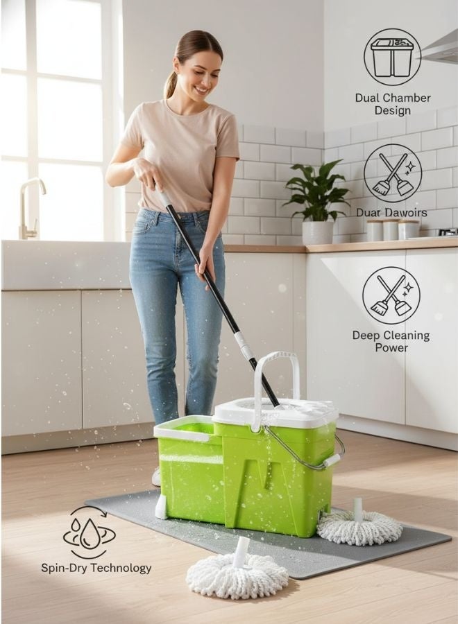 ZEESQUARE Spin Mop & Bucket Set 2-in-1 – Durable Stainless Steel Wringer, 2 Extra Mop Heads, Effortless Home and Office Floor Cleaning (Green)Spin Mop & Bucket Set 2-in-1 – Durable Stainless Steel Wringer, 2 Extra Mop Heads, Effortless Home and Office Floor Cleaning (Green) - Image 1