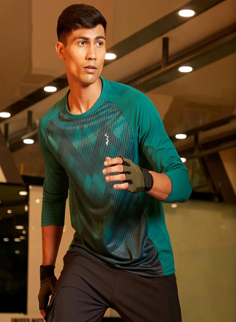 Campus Sutra Campus Sutra Men's Green Printed Dri-Fit Long Sleeve Regular Fit Activewear T-Shirt For Casual Wear | Modern Clothing T-Shirt Crafted With Comfort Fit And High-Performance For Everyday Wear