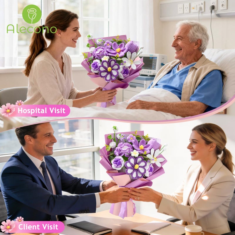 Alecono Large Crochet Flower Bouquet, Knitted Artificial Flowers, Crochet Tulip as a Gift for Valentines Day Mothers Day, Graduation Gifts for Girls Women (Purple) - Image 5