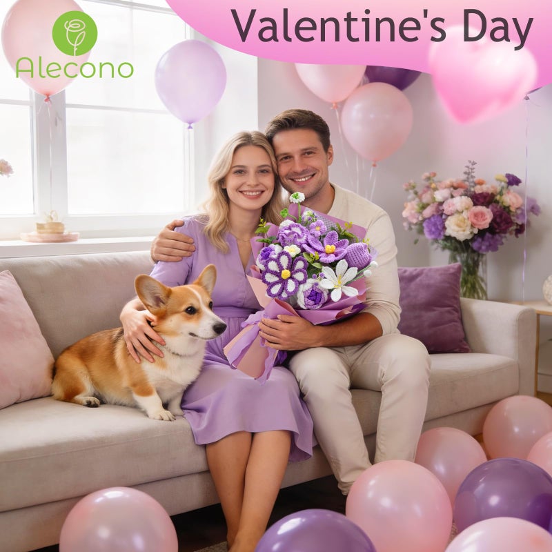 Alecono Large Crochet Flower Bouquet, Knitted Artificial Flowers, Crochet Tulip as a Gift for Valentines Day Mothers Day, Graduation Gifts for Girls Women (Purple) - Image 2