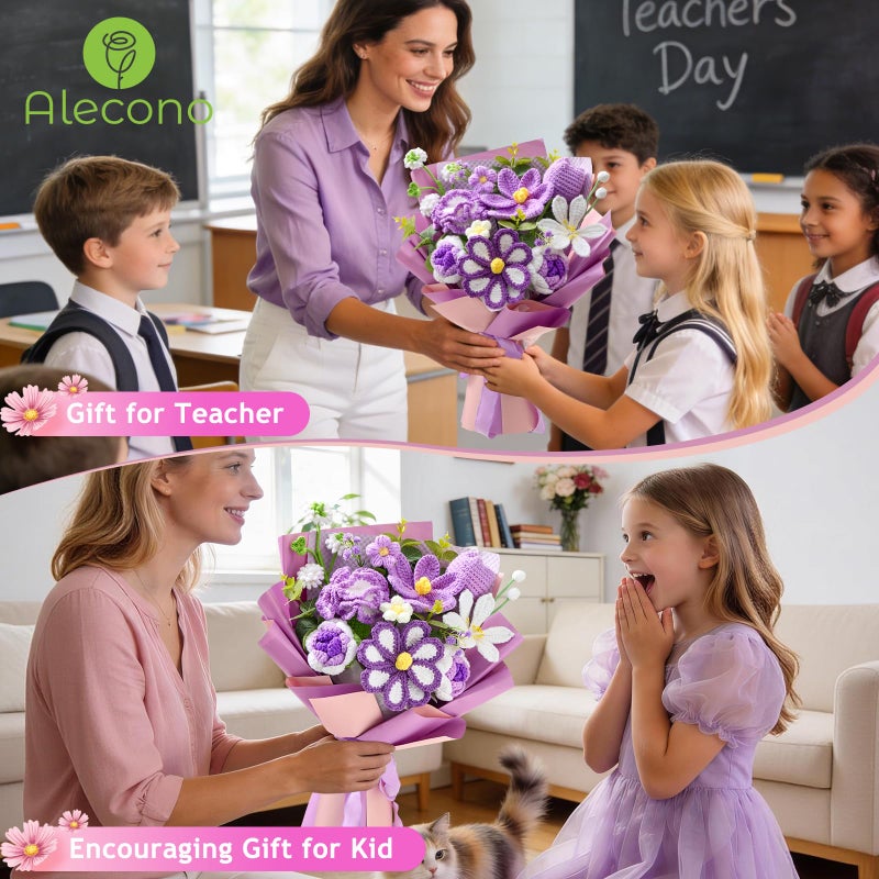 Alecono Large Crochet Flower Bouquet, Knitted Artificial Flowers, Crochet Tulip as a Gift for Valentines Day Mothers Day, Graduation Gifts for Girls Women (Purple) - Image 3