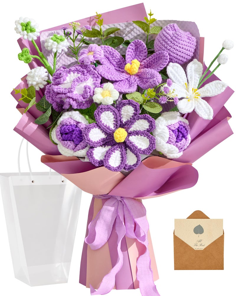 Alecono Large Crochet Flower Bouquet, Knitted Artificial Flowers, Crochet Tulip as a Gift for Valentines Day Mothers Day, Graduation Gifts for Girls Women (Purple) - Image 1