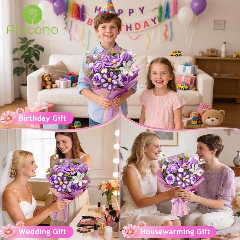 Alecono Large Crochet Flower Bouquet, Knitted Artificial Flowers, Crochet Tulip as a Gift for Valentines Day Mothers Day, Graduation Gifts for Girls Women (Purple) - Image 4