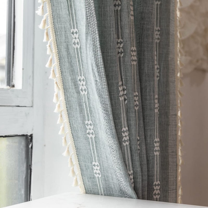 BCLBUSTE Boho Embroidery Striped Farmhouse Curtains - 96 Inch Long, 2 Panel Set, Blue Linen, Tassel, Semi-Blackout, Living Room (52" W x 96" L) - Image 5