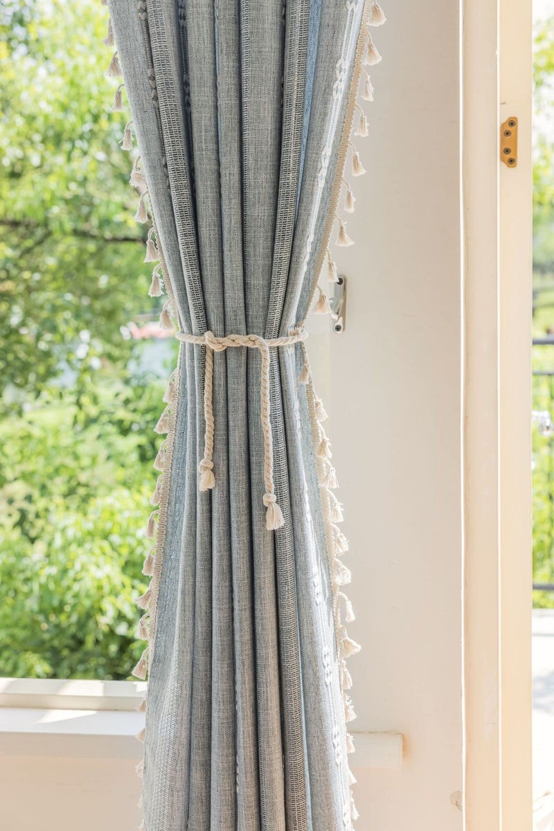 BCLBUSTE Boho Embroidery Striped Farmhouse Curtains - 96 Inch Long, 2 Panel Set, Blue Linen, Tassel, Semi-Blackout, Living Room (52" W x 96" L) - Image 3