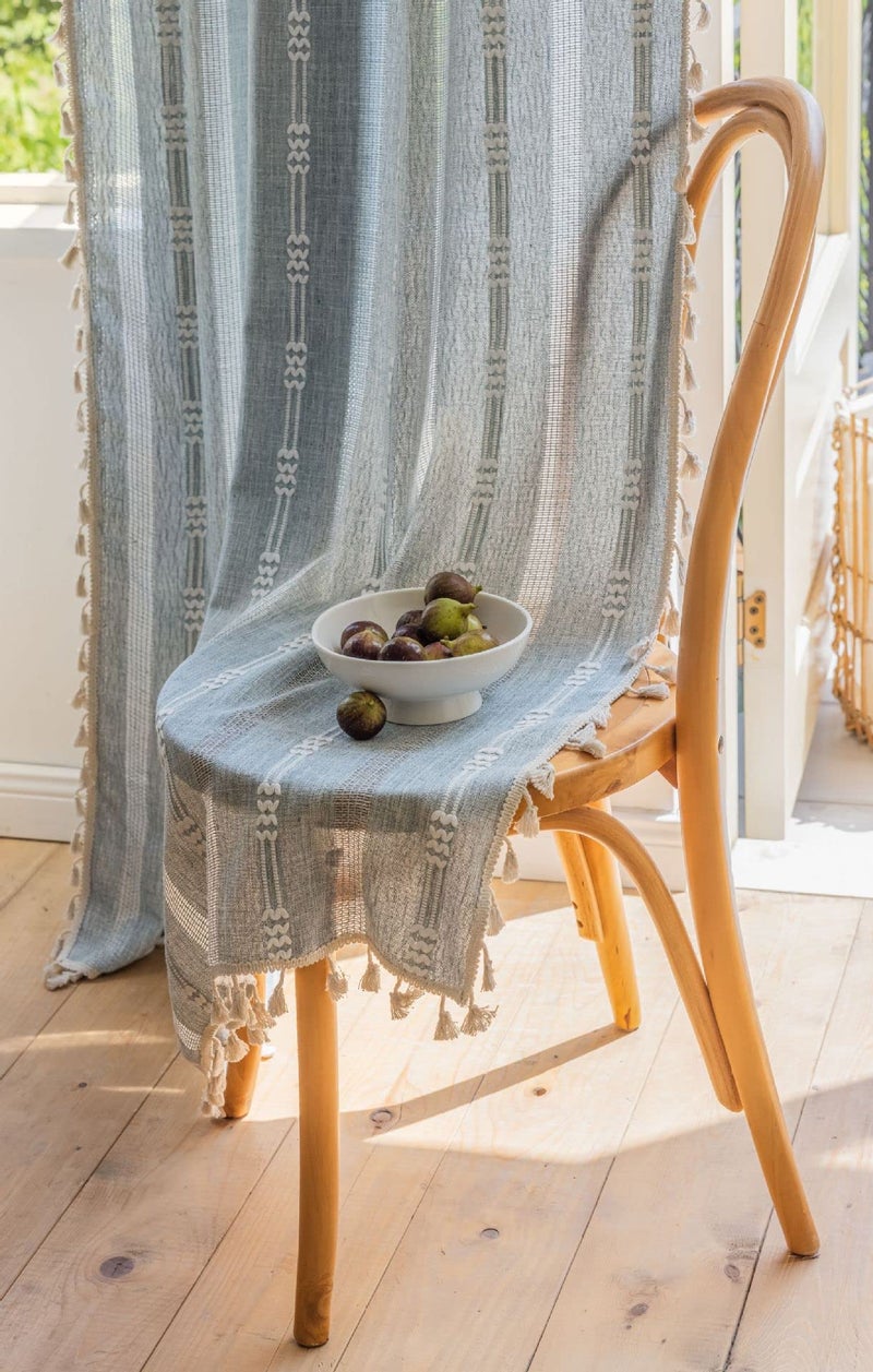 BCLBUSTE Boho Embroidery Striped Farmhouse Curtains - 96 Inch Long, 2 Panel Set, Blue Linen, Tassel, Semi-Blackout, Living Room (52" W x 96" L) - Image 4