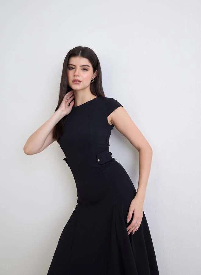 Women Black Plain Short Sleeves A-Line Midi Dress