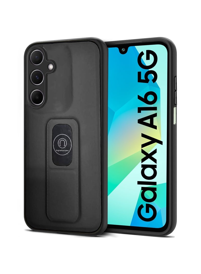Techie Stylish TPU Silicone Back Cover Case with Magnetic Secure Hand Grip Kickstand for Samsung Galaxy A16 – Black - Image 1