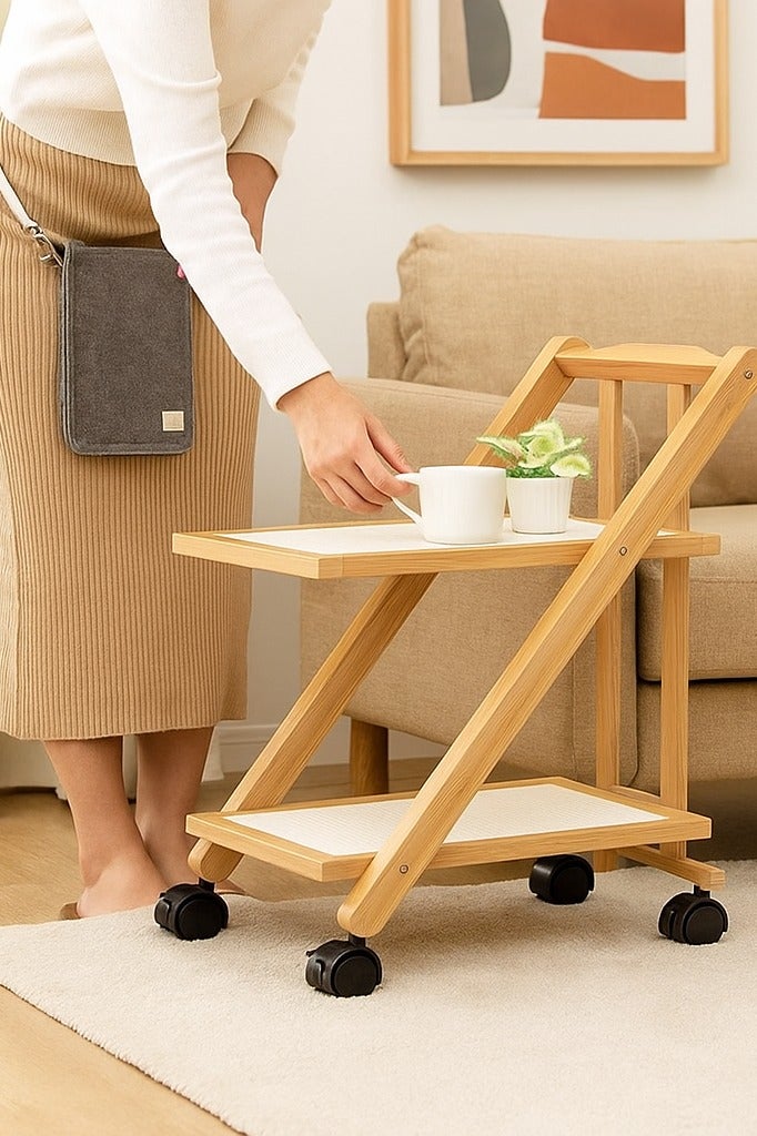 Generic 𝐅𝐅𝐃 2 Tier End Table with Rolling Casters, Multi-Functional Storage & 360° Rotating Wheels – Bamboo Side Table for Small Spaces, Living Room, Bedroom, Home Office  - Image 3