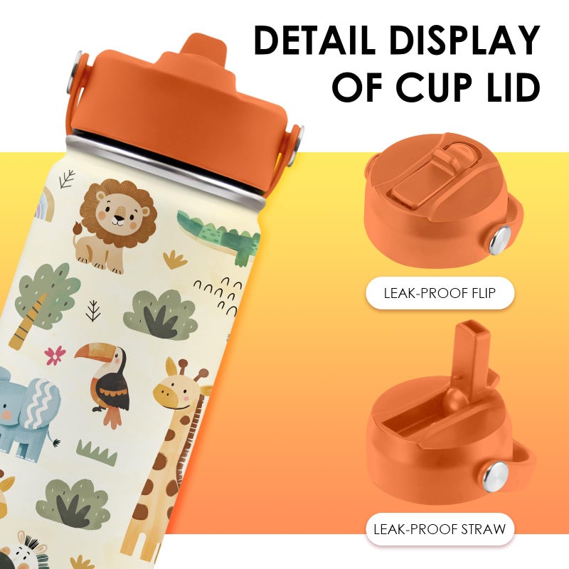 xiiai 16oz Kids Wild Animal Water Bottle with Straw Lid, Stainless Steel Insulated Tumbler, Leakproof, BPA-Free, for Boys & Girls, Travel - Forest Friends Nature Lovers Birthday Gift Cup (1pc) - Image 5