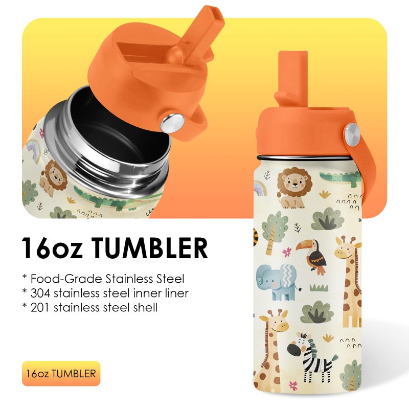 xiiai 16oz Kids Wild Animal Water Bottle with Straw Lid, Stainless Steel Insulated Tumbler, Leakproof, BPA-Free, for Boys & Girls, Travel - Forest Friends Nature Lovers Birthday Gift Cup (1pc) - Image 3