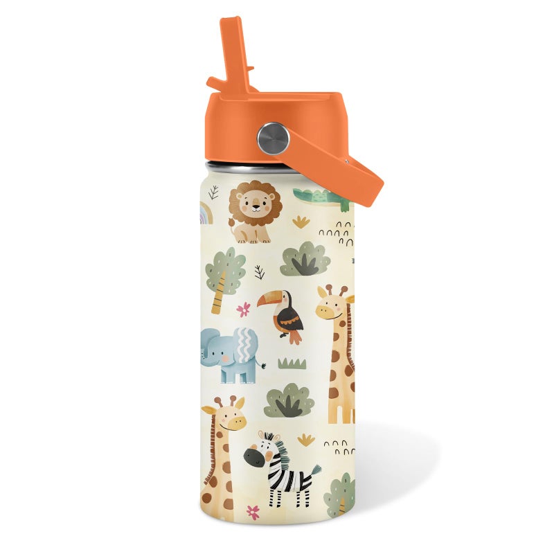 xiiai 16oz Kids Wild Animal Water Bottle with Straw Lid, Stainless Steel Insulated Tumbler, Leakproof, BPA-Free, for Boys & Girls, Travel - Forest Friends Nature Lovers Birthday Gift Cup (1pc) - Image 1