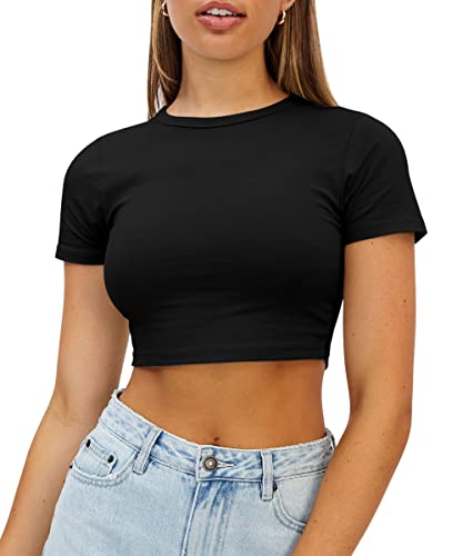 WYNNQUE Womens Crop Tops Cute Summer Scoop Neck Basic Tees Slim Fit Trendy Short Sleeve T Shirts for Teen Girls 2024 Black L - Image 1
