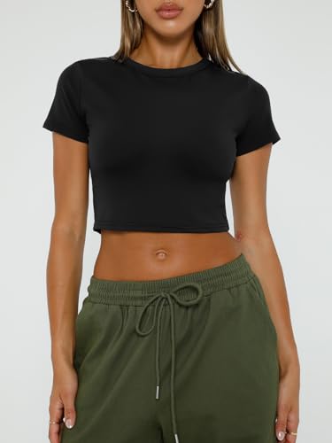 WYNNQUE Womens Crop Tops Cute Summer Scoop Neck Basic Tees Slim Fit Trendy Short Sleeve T Shirts for Teen Girls 2024 Black L - Image 2