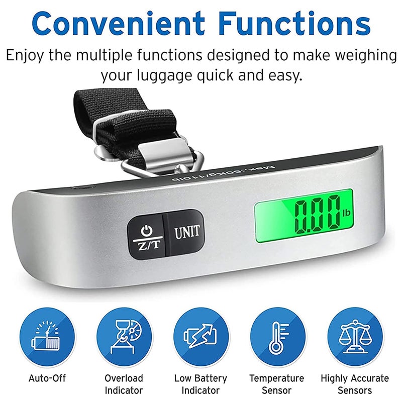 Kueh Portable Digital Luggage Scale - 110 lbs/50 kg Capacity, Battery Included (Silver+Black) - Image 2