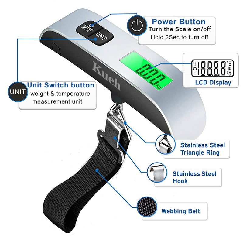 Kueh Portable Digital Luggage Scale - 110 lbs/50 kg Capacity, Battery Included (Silver+Black) - Image 3