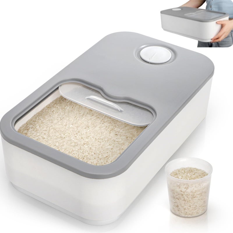 ELFULLY Rice Storage Container, 11 Lbs Plastic Airtight Rice Dispenser with Measuring Cup, Dry Food Storage Bucket Box with Lid, Flour Bin Pet Food Container, Kitchen Organizer for Grain Cereal, White - Image 1