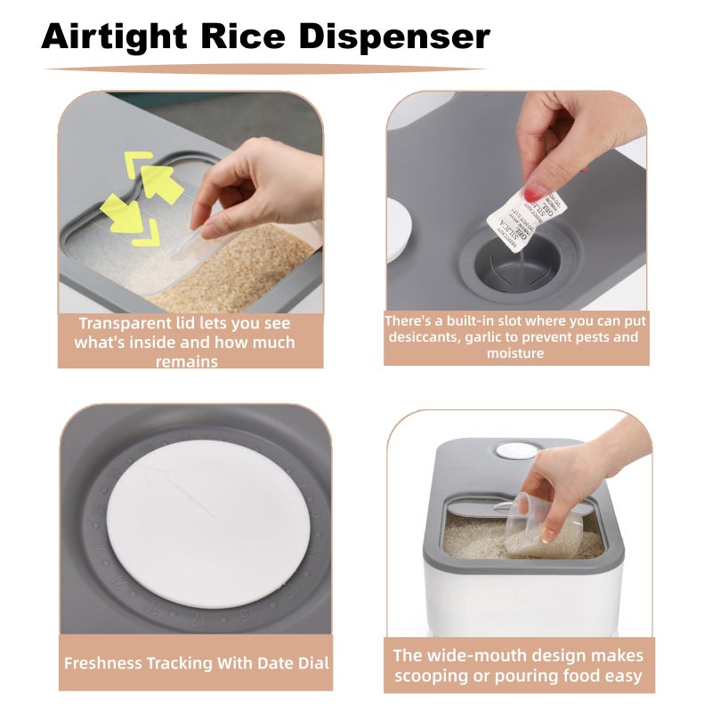 ELFULLY Rice Storage Container, 11 Lbs Plastic Airtight Rice Dispenser with Measuring Cup, Dry Food Storage Bucket Box with Lid, Flour Bin Pet Food Container, Kitchen Organizer for Grain Cereal, White - Image 4