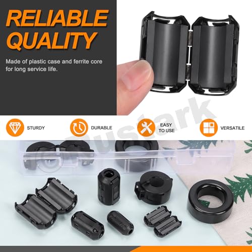 Rustark 32Pcs 7 Sizes Black Clip-on Ferrite Ring Core Toroid Core Ferrite Cores Assortment Kit RFI EMI Ferrite Bead Clip Noise Suppressor Filter Cable Clip for 3.5/5/7/9/13/15/42x24x16mm Dia. Cable - Image 3