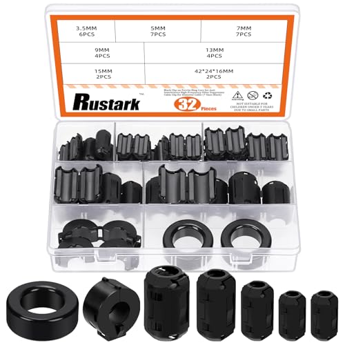Rustark 32Pcs 7 Sizes Black Clip-on Ferrite Ring Core Toroid Core Ferrite Cores Assortment Kit RFI EMI Ferrite Bead Clip Noise Suppressor Filter Cable Clip for 3.5/5/7/9/13/15/42x24x16mm Dia. Cable - Image 1