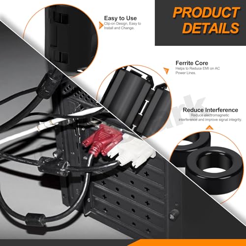 Rustark 32Pcs 7 Sizes Black Clip-on Ferrite Ring Core Toroid Core Ferrite Cores Assortment Kit RFI EMI Ferrite Bead Clip Noise Suppressor Filter Cable Clip for 3.5/5/7/9/13/15/42x24x16mm Dia. Cable - Image 4