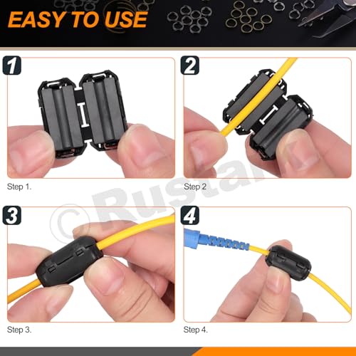 Rustark 32Pcs 7 Sizes Black Clip-on Ferrite Ring Core Toroid Core Ferrite Cores Assortment Kit RFI EMI Ferrite Bead Clip Noise Suppressor Filter Cable Clip for 3.5/5/7/9/13/15/42x24x16mm Dia. Cable - Image 5